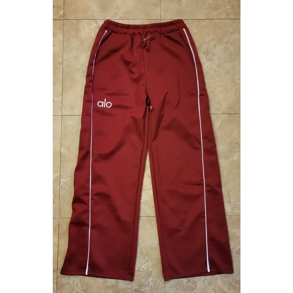 Alo Yoga Sz Large Red 2pc Wide Leg Hooded Knit Track Suit Travel Athleisure New